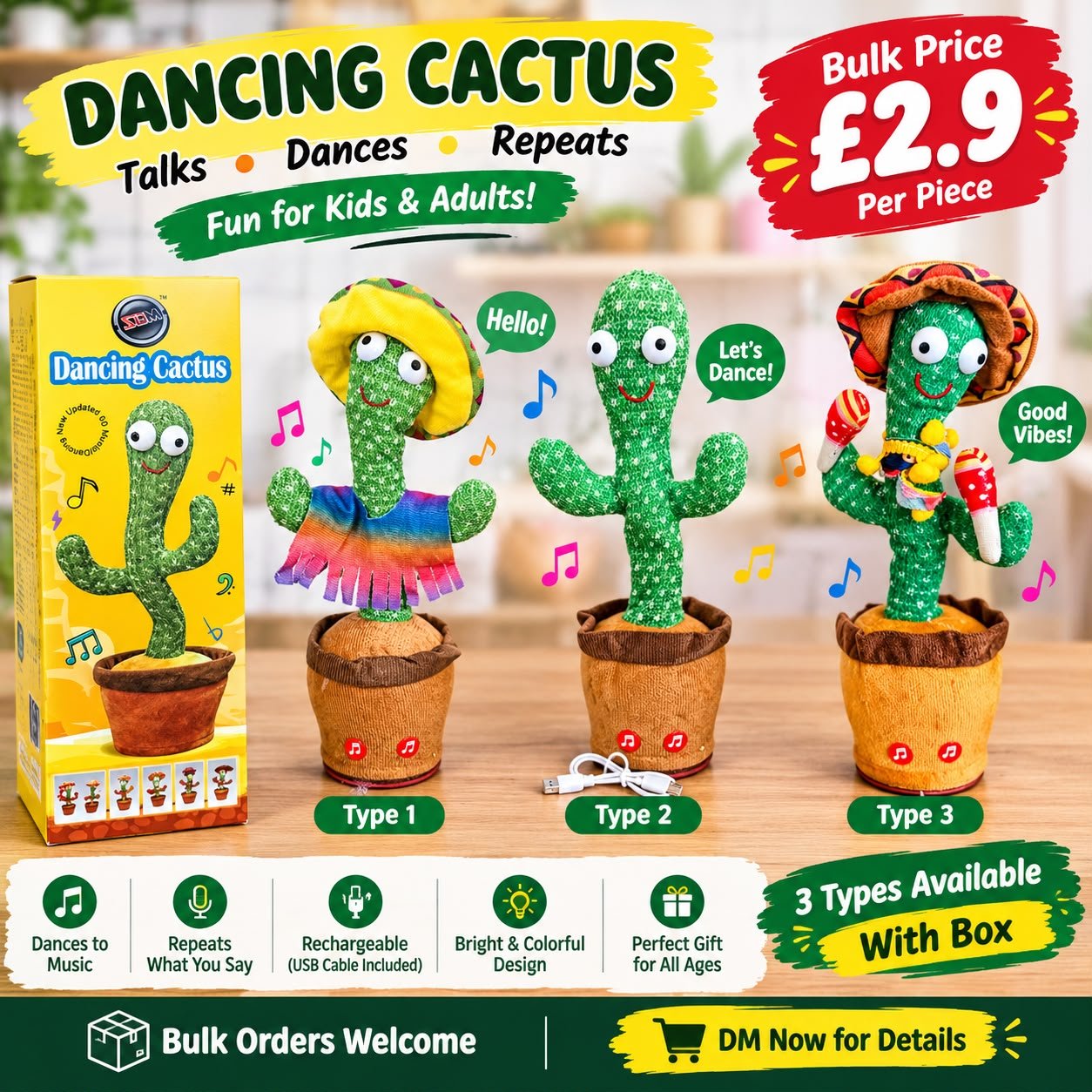 100x DANCING TALKING CACTUS  3 different designs, dancing and talking, rechargeable with usb cable and box, English songs — photo 2