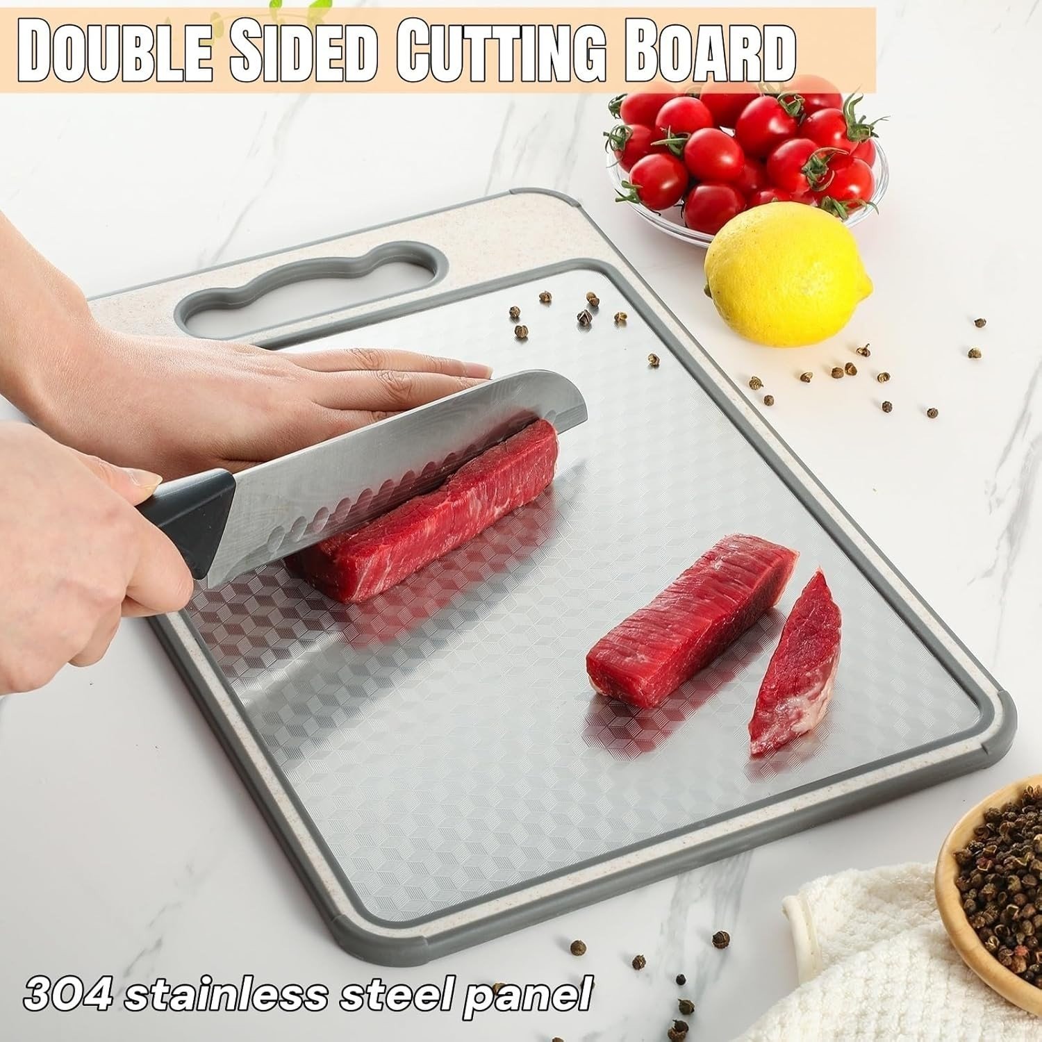 75x TitanChef Double-Sided Stainless Steel & Wheat Straw Chopping Boards with Knife Sharpener, Boxed New — photo 6