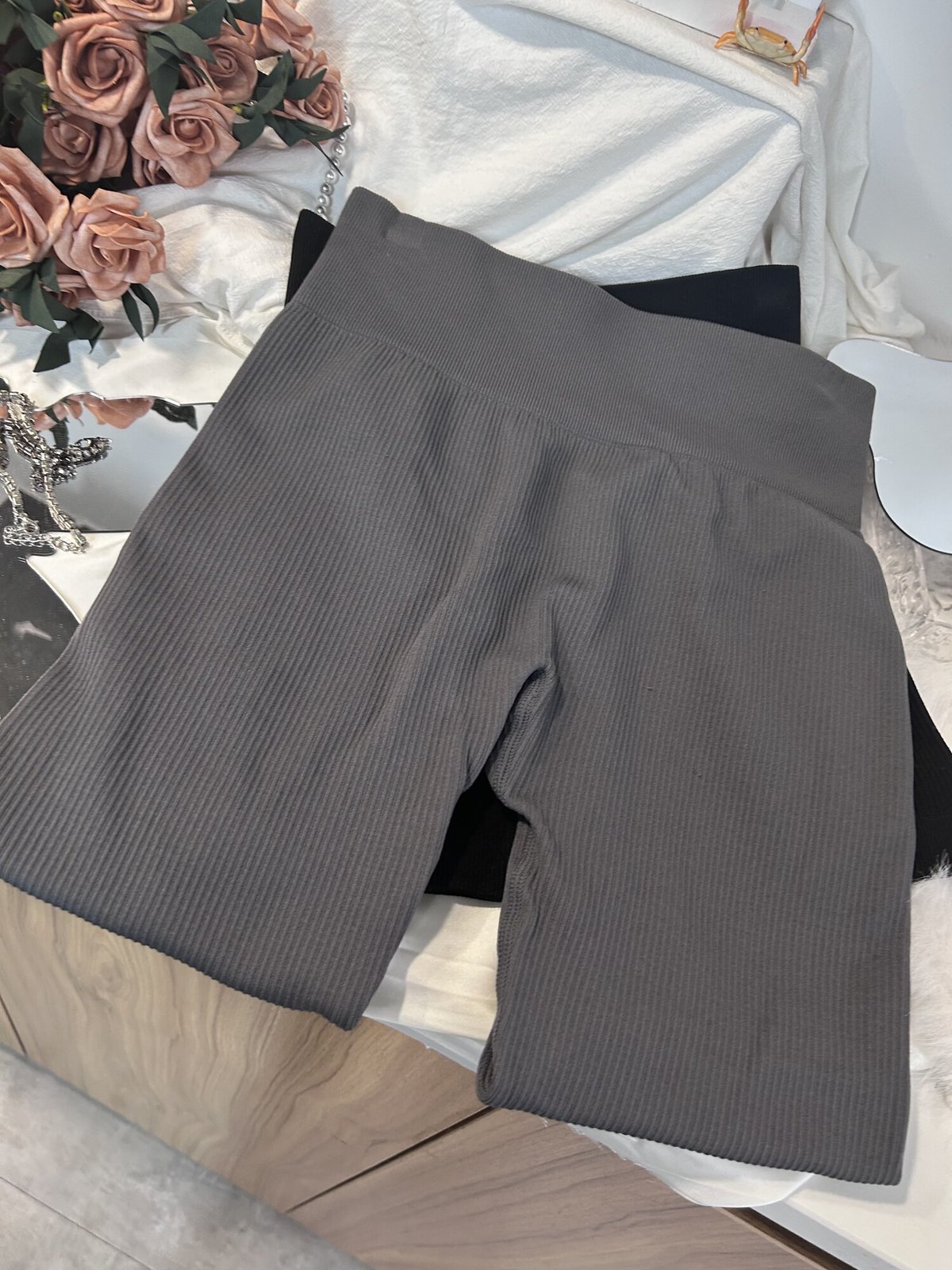 Source photograph for 80x Grey Ribbed High-Waist Yoga Shorts - Mixed Sizes, Grey Only - New