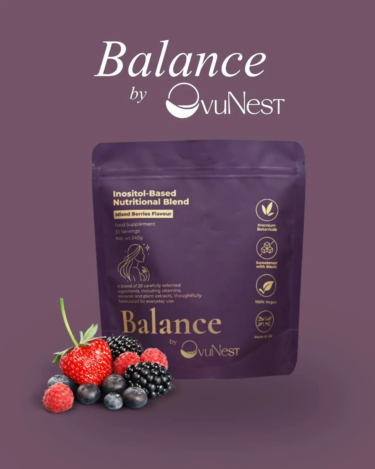 JOBLOT: 50x Balance by OvuNest Inositol Nutritional Blend Mixed Berries 240g BB 2028