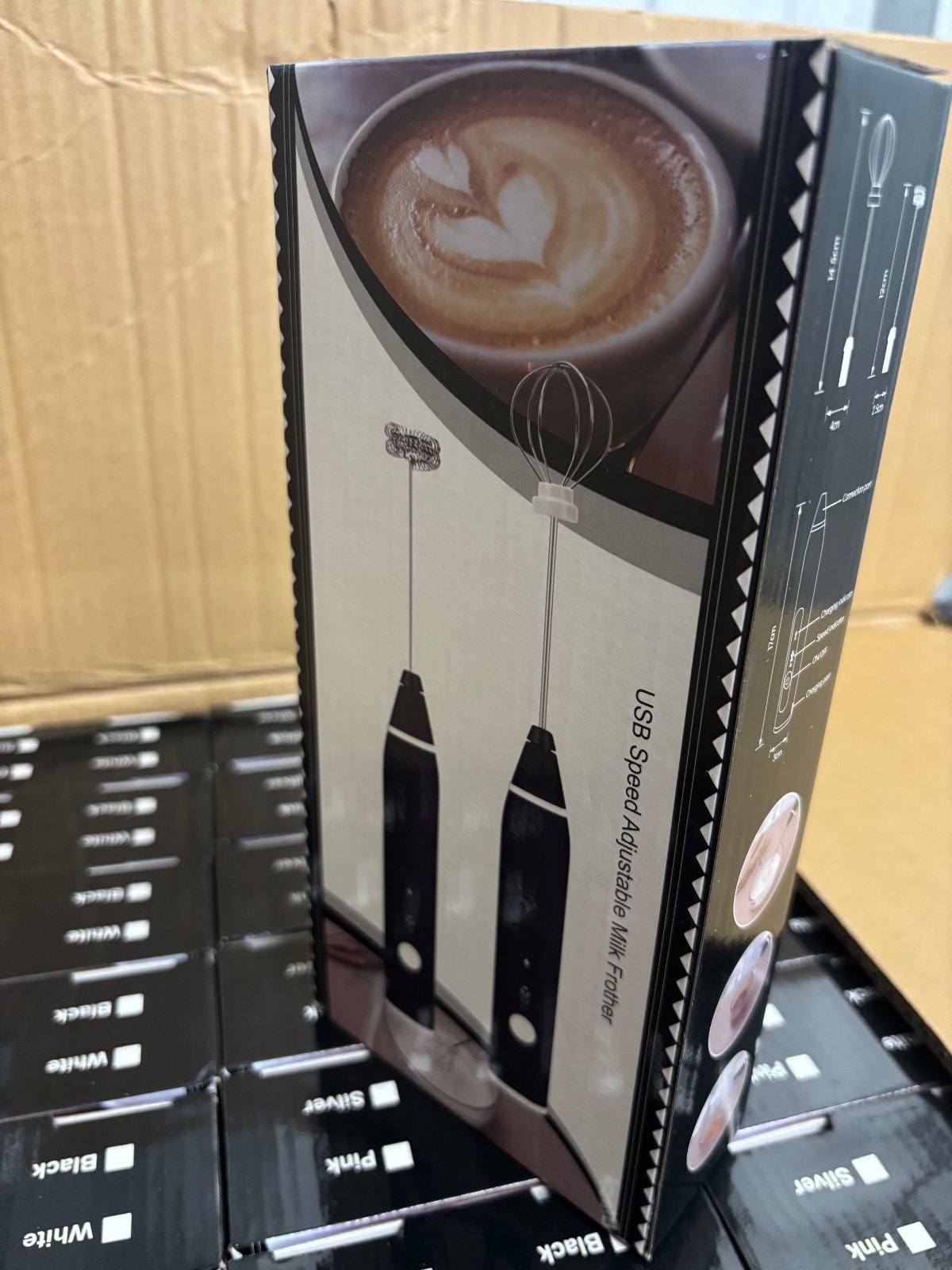 Source photograph for 170 units of USB rechargeable milk-frothers. Bulk retail value around £1.5k.