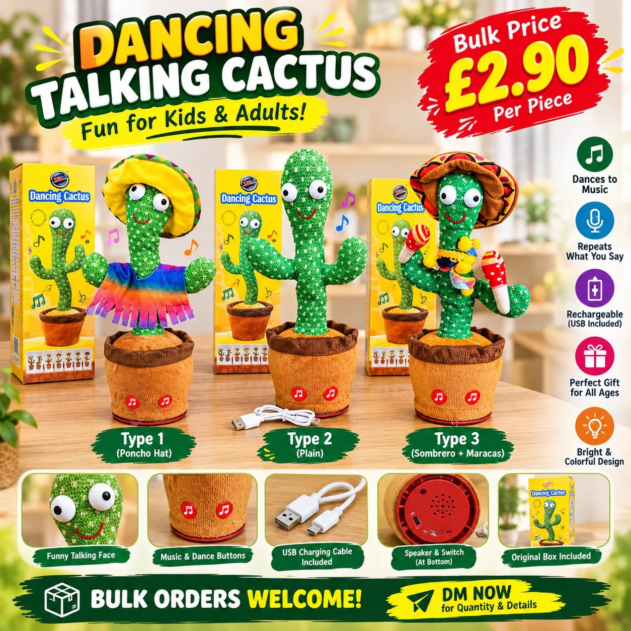 100x DANCING TALKING CACTUS  3 different designs, dancing and talking, rechargeable with usb cable and box, English songs — photo 3