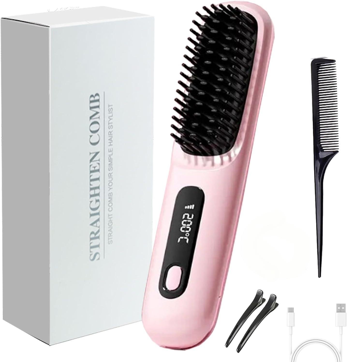 40x Pink Cordless Hair Straightener Brush — USB-C, New