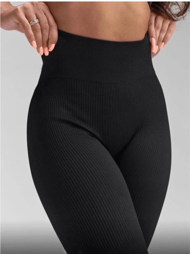 Source photograph for 50x Black Ribbed Yoga Pants — Full Length, UK 12-14 Only, New