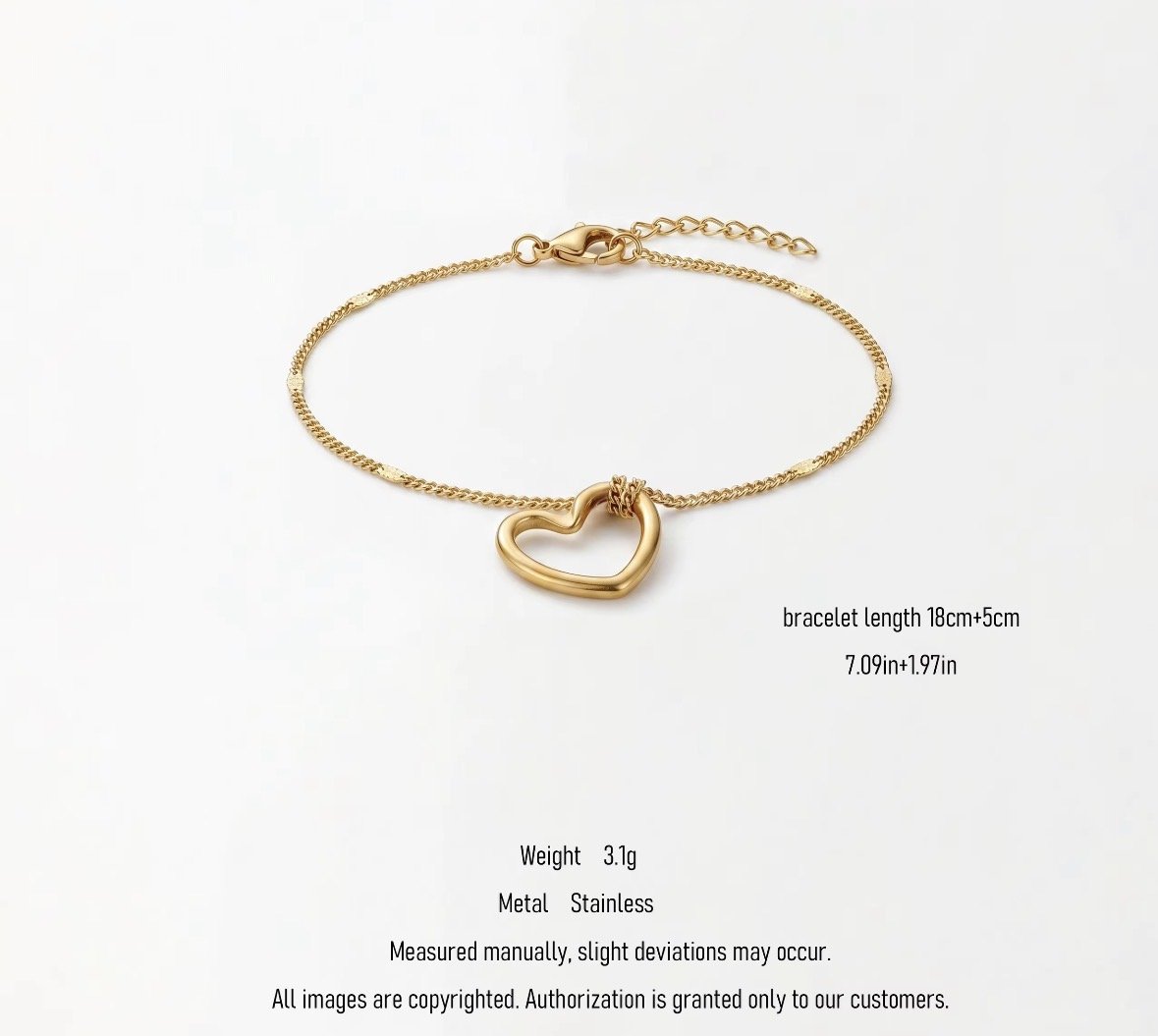 X20 High quality waterproof gold heart bracelet 23cm — photo 3