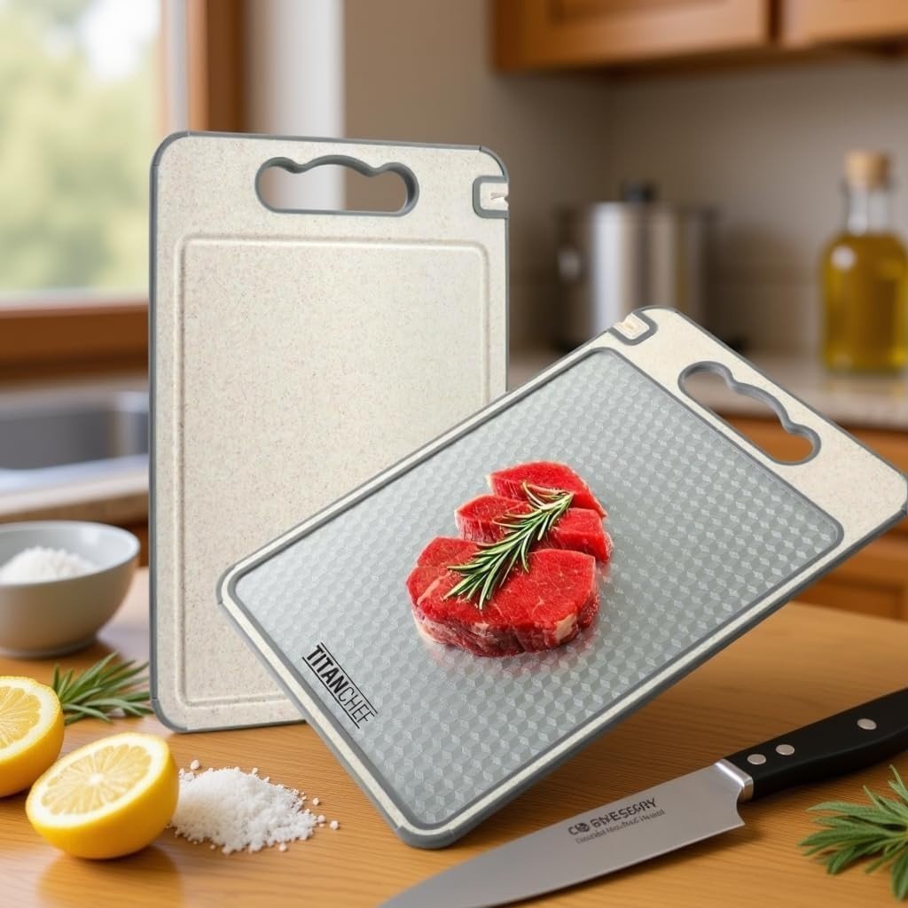 Source photograph for 75x TitanChef Double-Sided Stainless Steel & Wheat Straw Chopping Boards with Knife Sharpener, Boxed New
