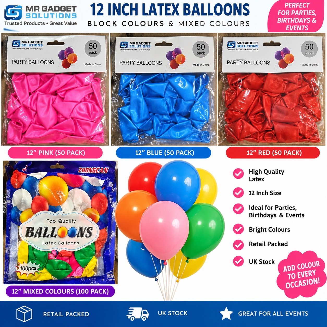 12 Inch Latex Party Balloons – 50 Pack – Assorted Colours – New Retail Packed — photo 5