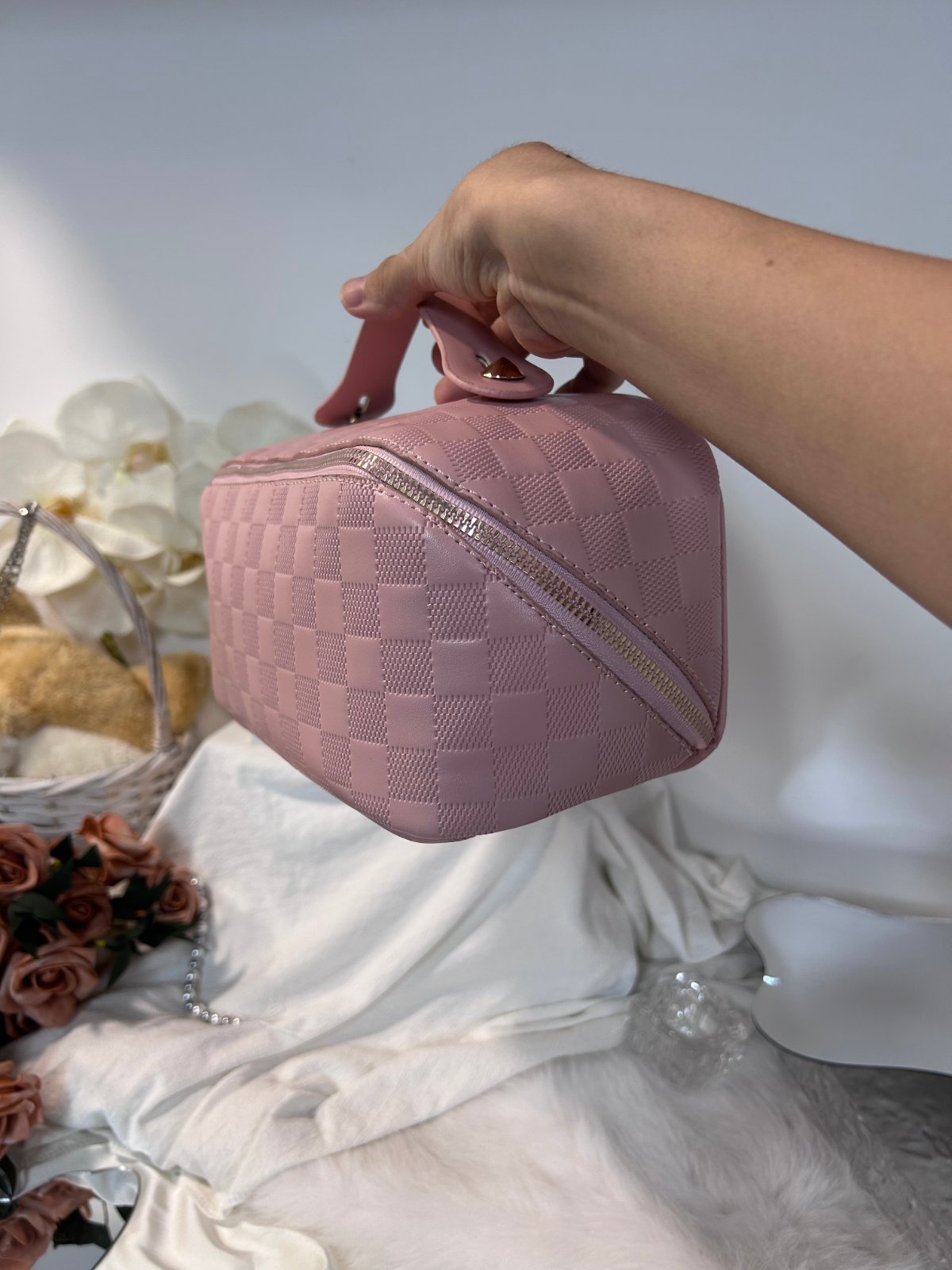 24x Woven Check Cosmetic & Toiletry Bags – Pink, Black & White