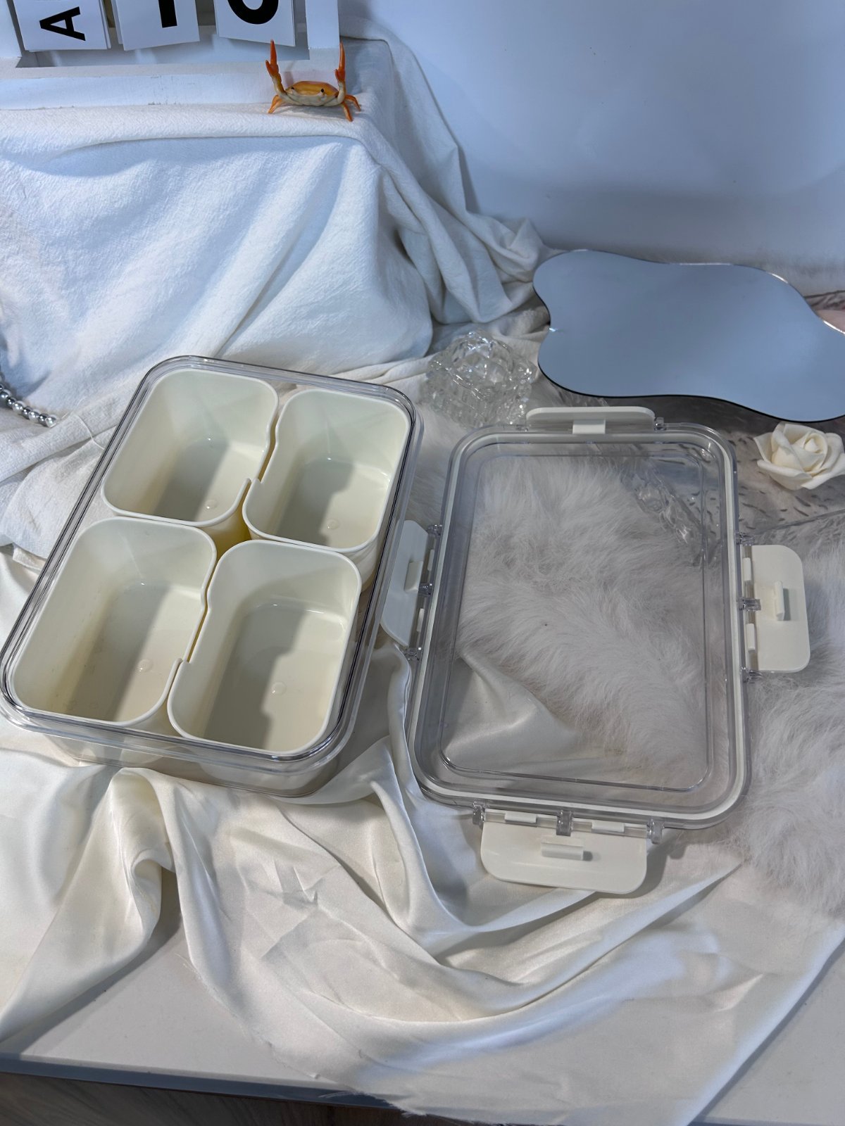 4x Four-Compartment Bento Lunch Boxes – Clear & Cream, New — photo 5