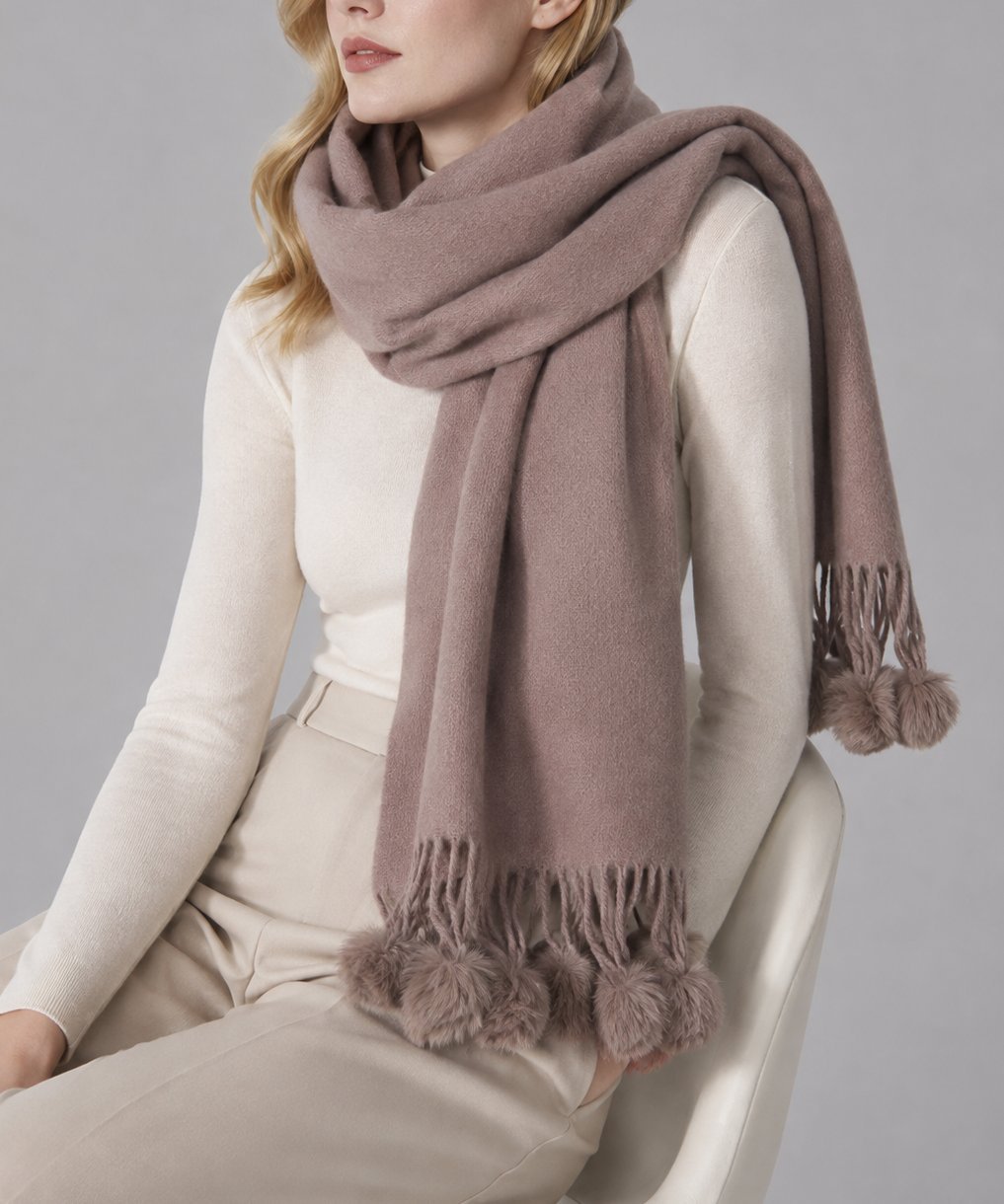 Source photograph for 250x 100% Wool Oversized Scarf & Shawl with Pom Poms – Smoke Rose