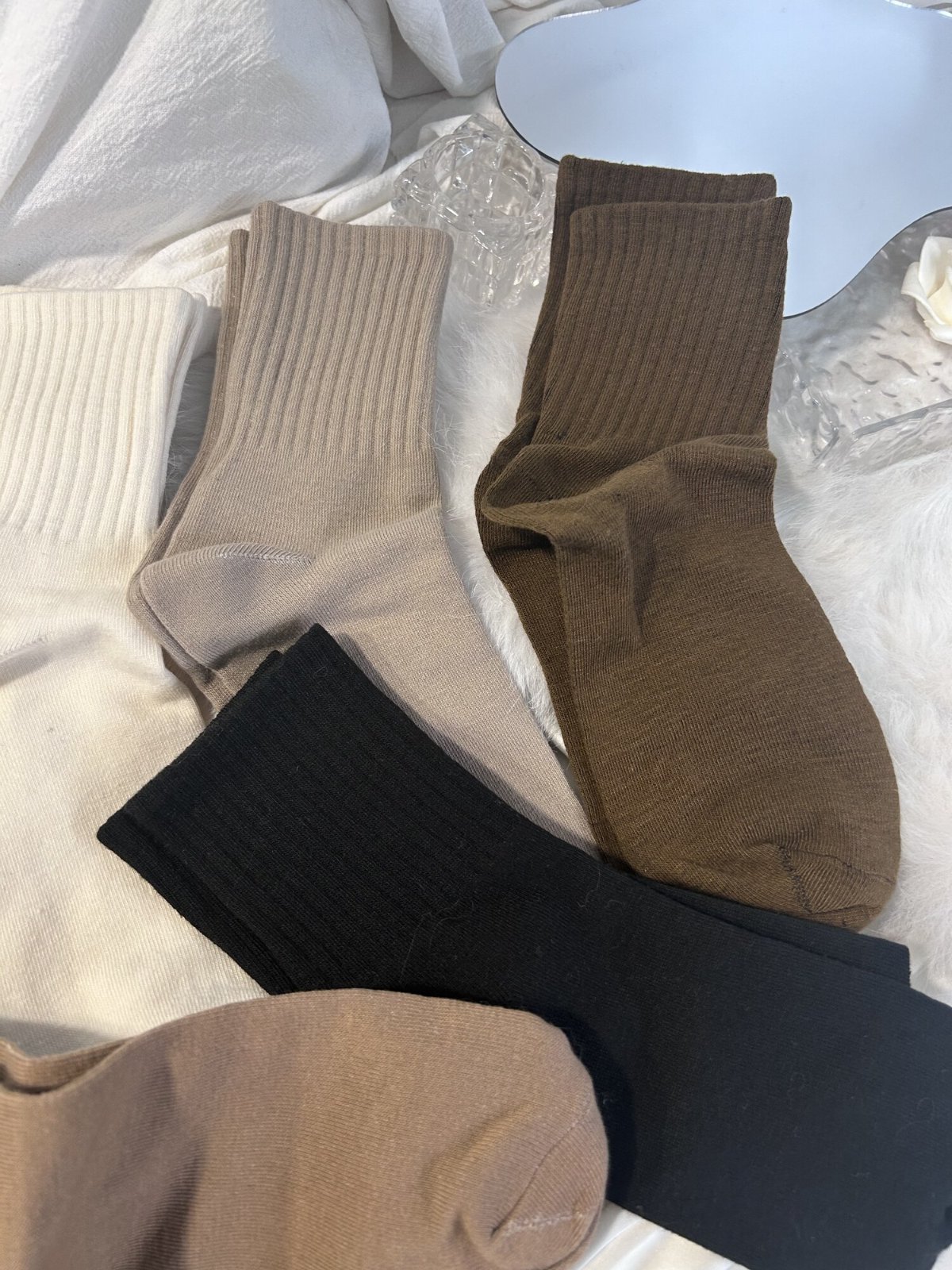 Source photograph for 50x 6Pairs Ribbed Crew Socks - Mixed Neutral Colours, 6-Pair Packaged Sets - New