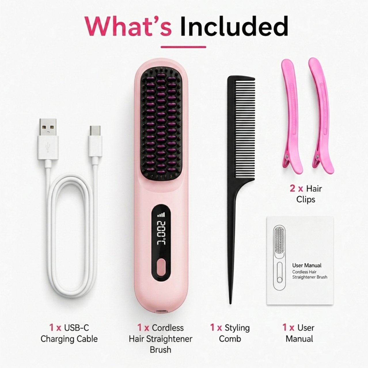 40x Pink Cordless Hair Straightener Brush — USB-C, New — photo 2