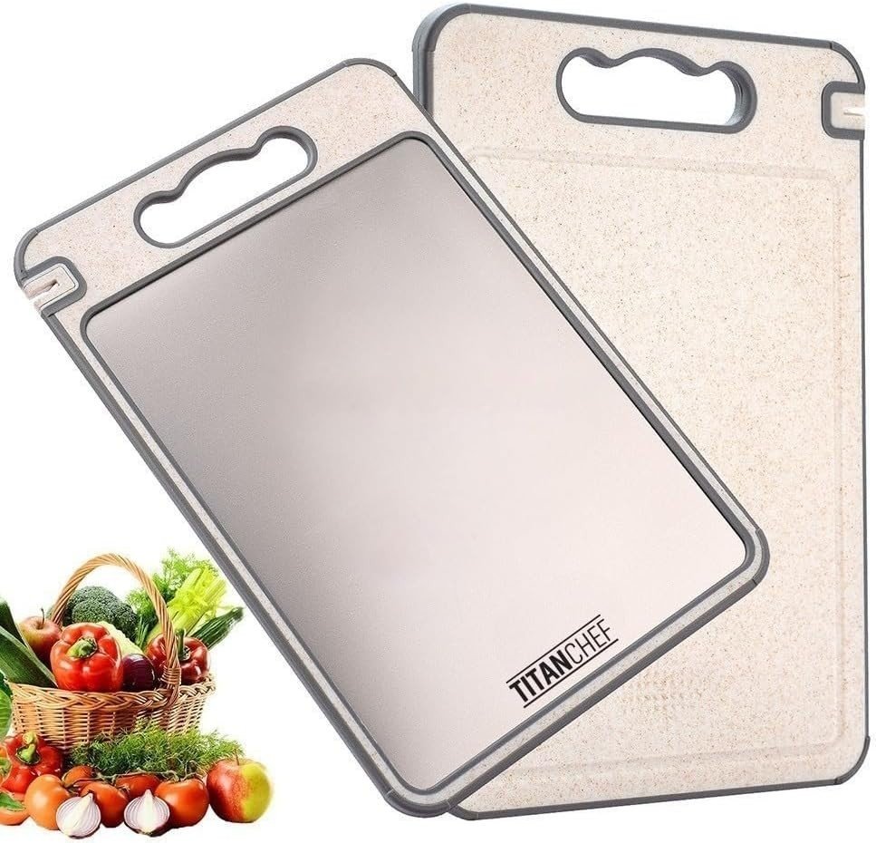 Source photograph for 75x TitanChef Titanium-Surface Double-Sided Cutting Boards with Sharpener, Garlic Grater & Juice Groove, Boxed New