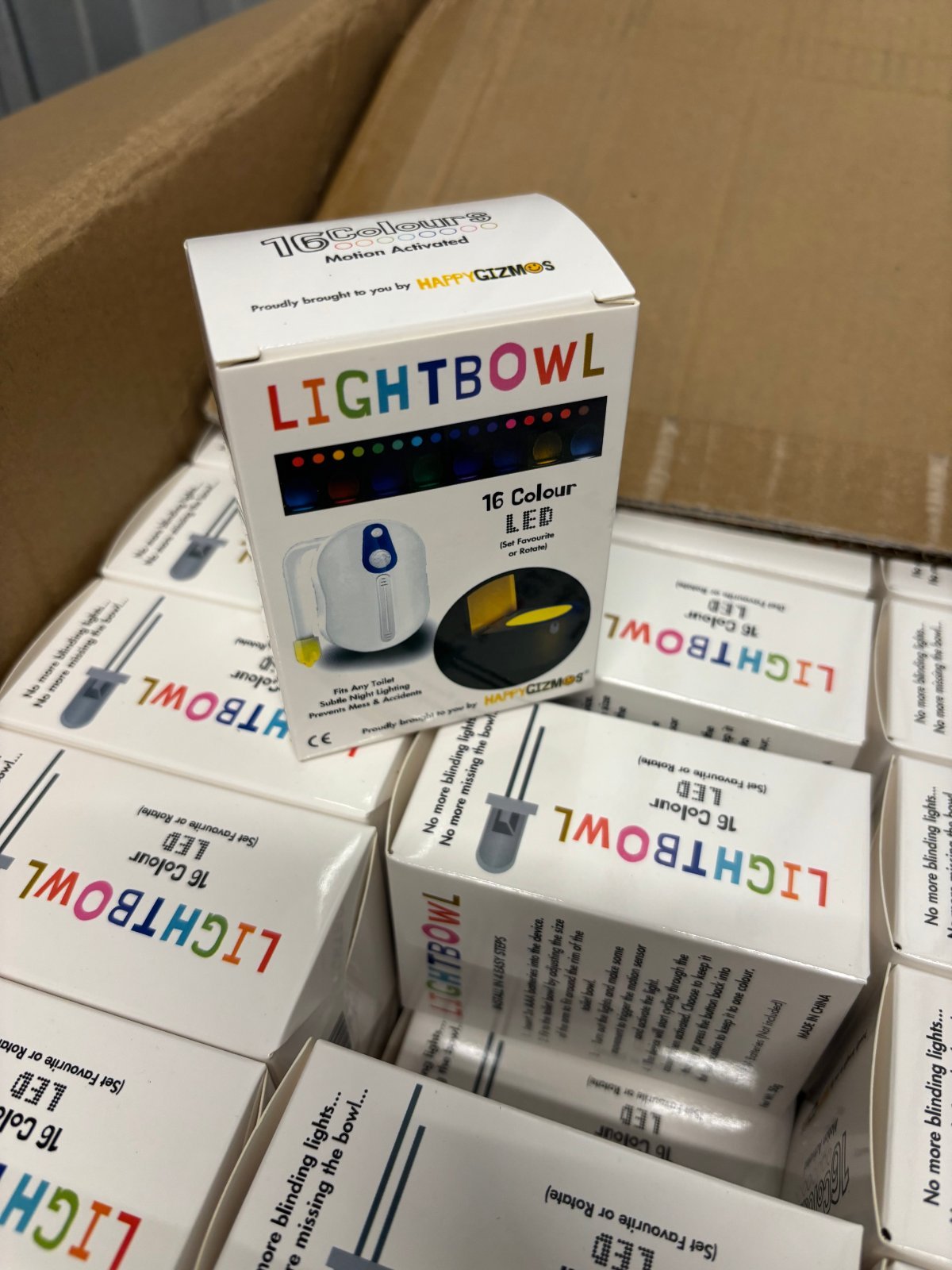 Source photograph for Ecommerce Stock - 375 units of motion activated toilet bowl lights. Bulk retail value around £2.6k.