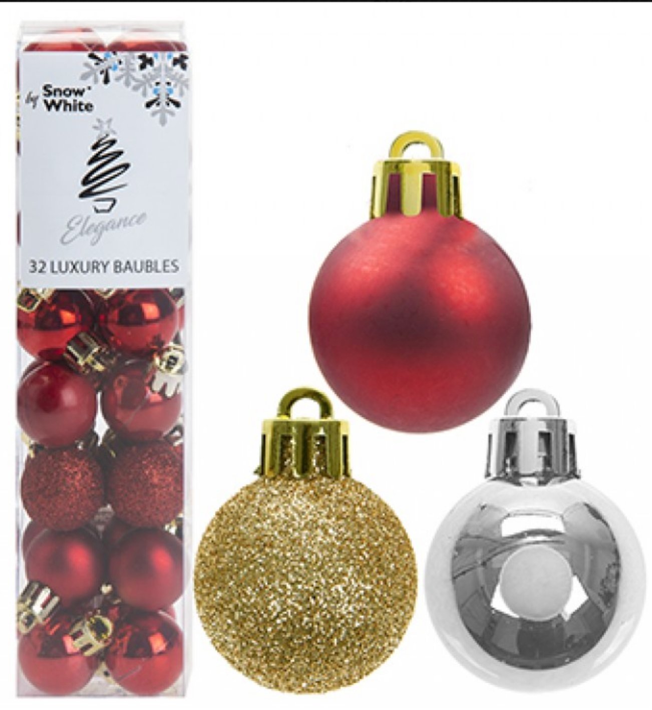 Source photograph for 96x SNOW WHITE CHRISTMAS BAUBLES PACK OF 32 - 3 COLOURS